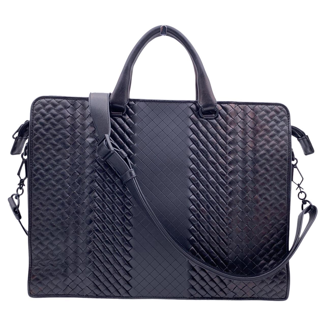 Bottega Veneta Black Woven Leather Imperatore Briefcase Work Bag