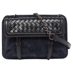 Bottega Veneta Blue/Black Intrecciato Suede and Karung Leather Crossbody Bag