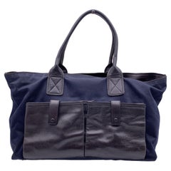 Bottega Veneta Blue Canvas and Black Leather Satchel Bag