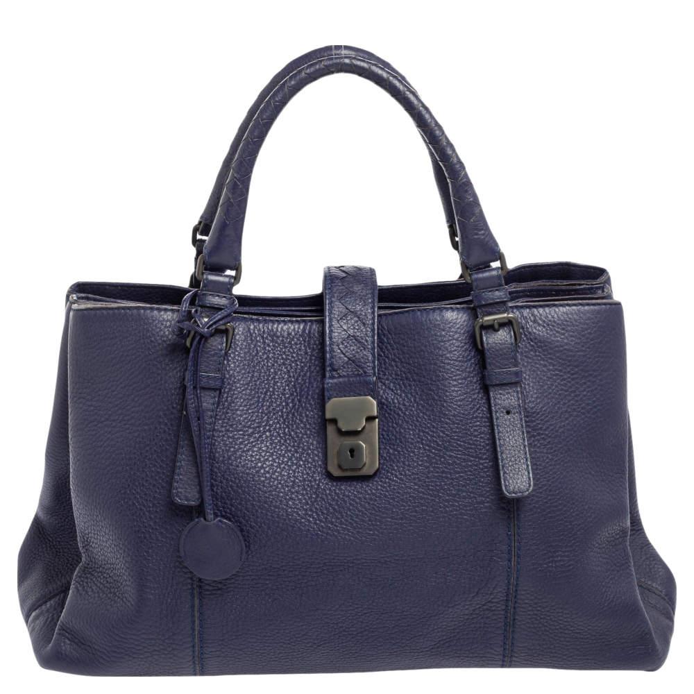 Black Bottega Veneta Blue Cervo Leather Medium Roma Tote