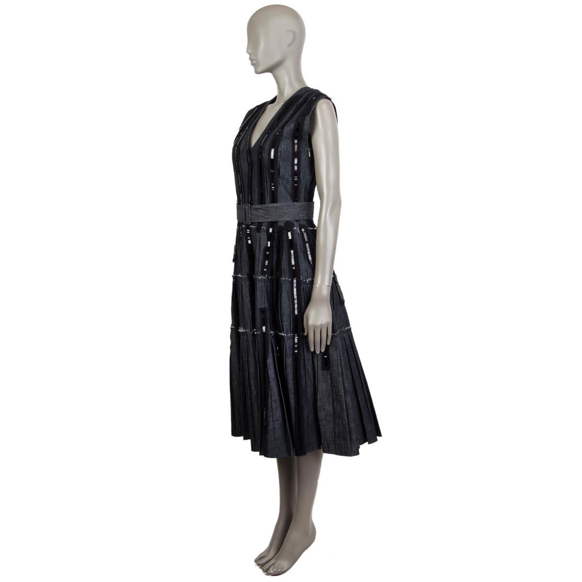 100% authentic Bottega Veneta sleeveless belted midi dress in indigo cotton (100%) with a v-neck and black sequin with polyester embroidered details. Has a deep-v open back. Comes with a matching belt and bra cups. Closes on the side with a zipper.
