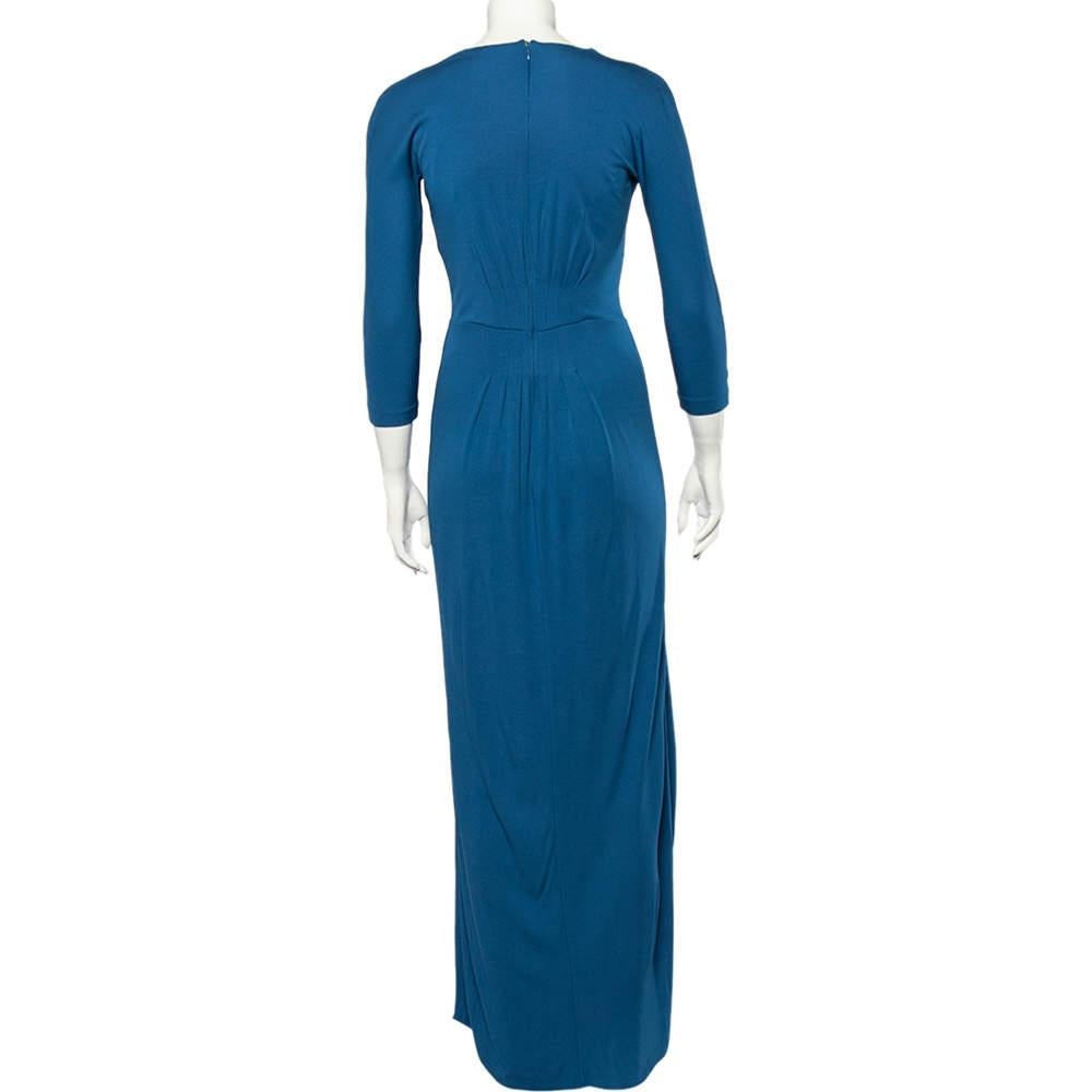 Bottega Veneta Blue Crepe V-Neck Long Sleeve Maxi Dress S In Good Condition For Sale In Dubai, Al Qouz 2