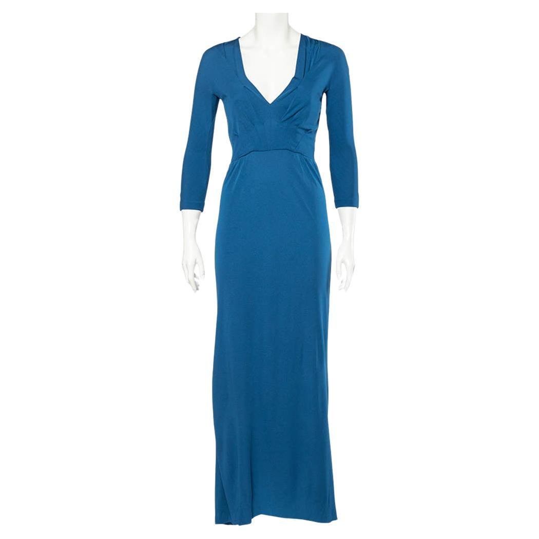 Bottega Veneta Blue Crepe V-Neck Long Sleeve Maxi Dress S For Sale