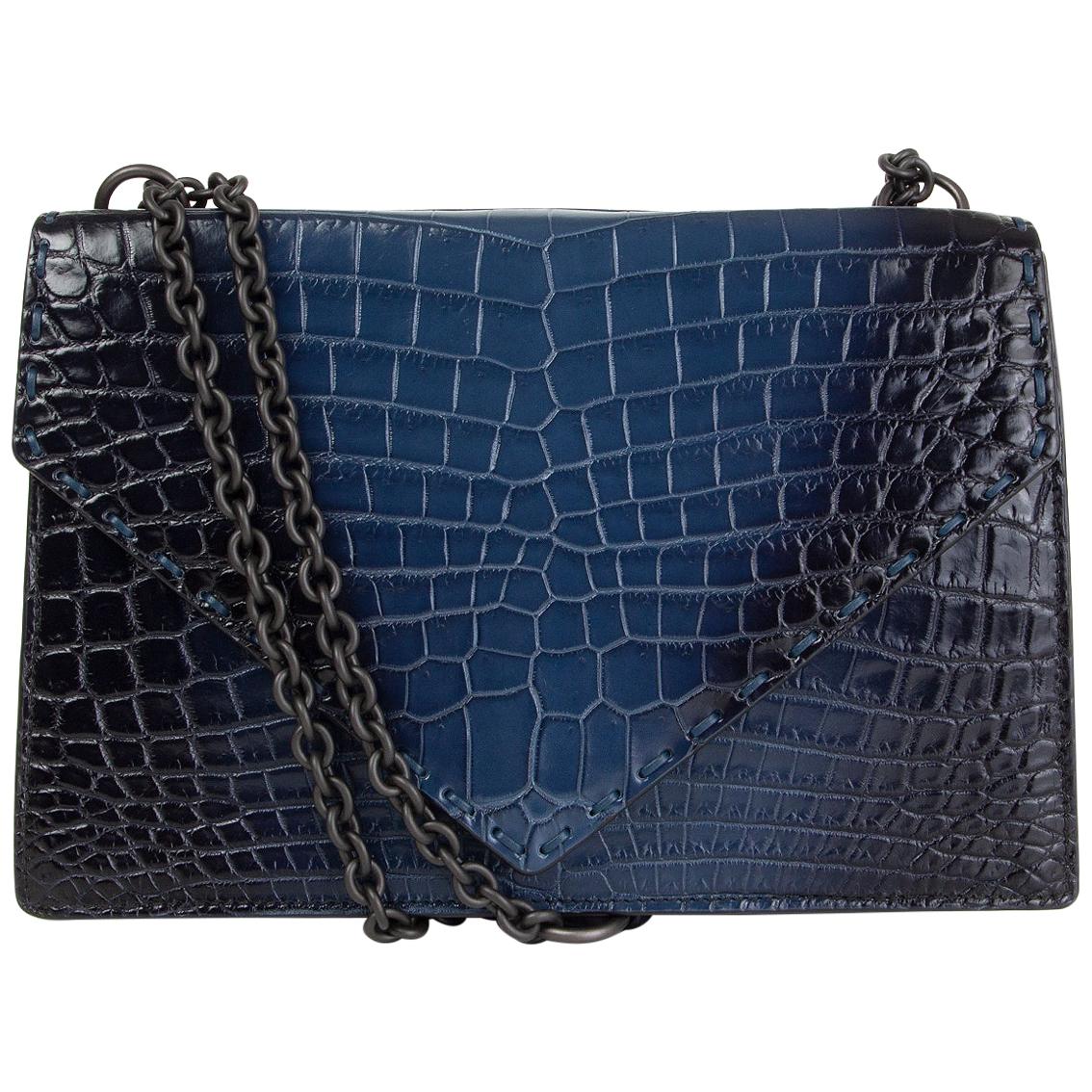 BOTTEGA VENETA blue CROCODILE PIANO CHAIN Shoulder Bag Pacific Nero