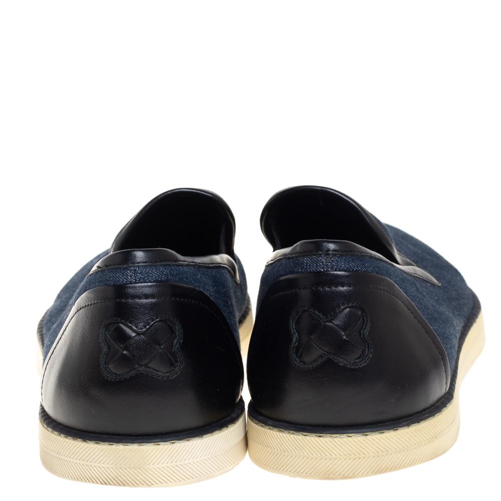 Men's Bottega Veneta Blue Denim and Black Leather Trim Slip On Sneakers Size 43