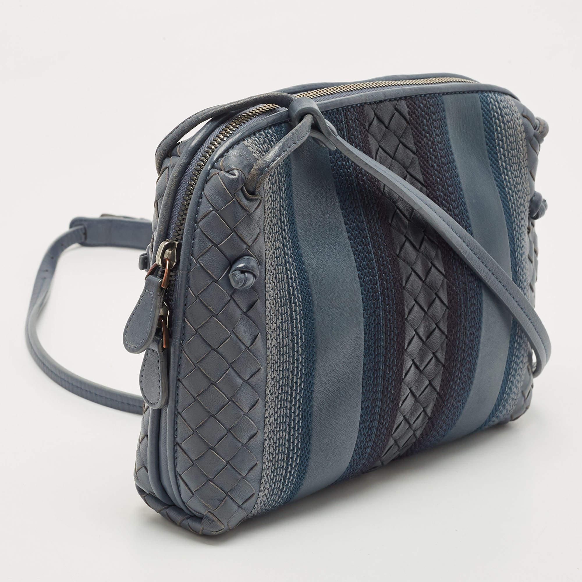 Women's Bottega Veneta Blue Intrecciato and Stitched Leather Nodini Crossbody Bag