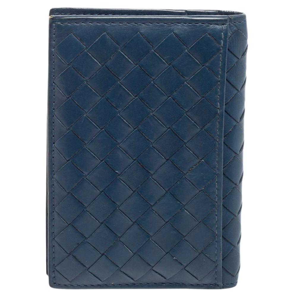 Black Bottega Veneta Blue Intrecciato Leather Bifold Card Case