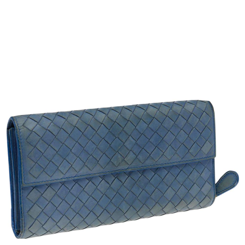 Gray Bottega Veneta Blue Intrecciato Leather Continental Flap Wallet