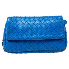 Bottega Veneta Blue Intrecciato Leather Flap Chain Crossbody Bag