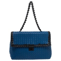 Bottega Veneta Blue Intrecciato Leather Flap Chain Shoulder Bag