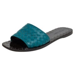 Bottega Veneta Blue Intrecciato Leather Flat Slide Size 36