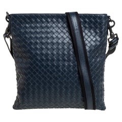 Bottega Veneta Blue Intrecciato Leather Messenger Bag