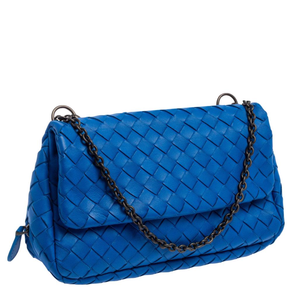 Women's Bottega Veneta Blue Intrecciato Leather Mini Flap Chain Crossbody Bag