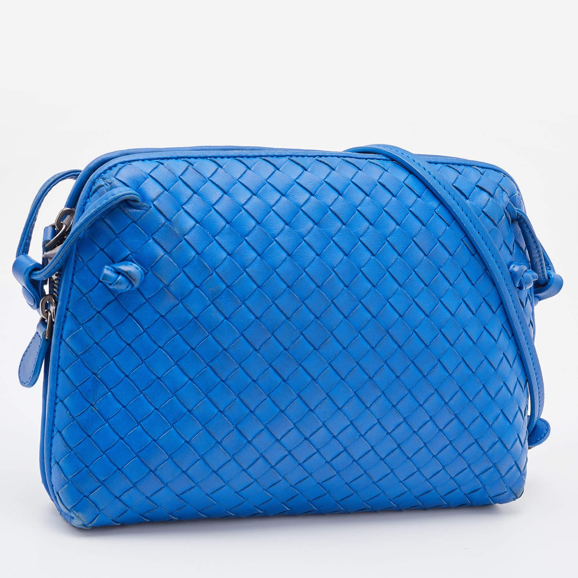 Women's Bottega Veneta Blue Intrecciato Leather Nodini Crossbody Bag