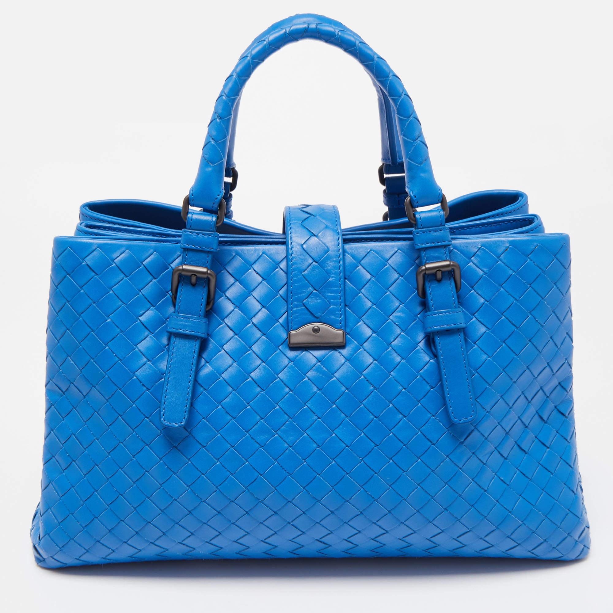 Bottega Veneta Blue Intrecciato Leather Small Roma Tote 1