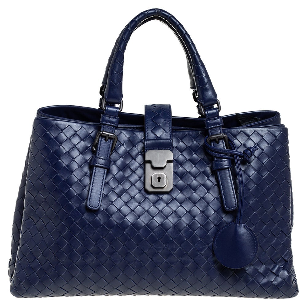 Bottega Veneta Blue Intrecciato Leather Small Roma Tote