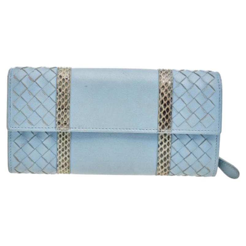 Bottega Veneta Blue Intrecciato Leather 
Snakeskin Trim Flap Continental Wallet