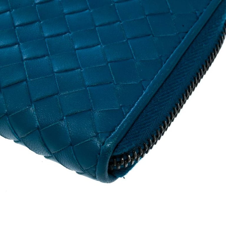 Bottega Veneta Blue Intrecciato Leather Zip Around Long Wallet For Sale ...