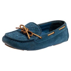 Bottega Veneta Blue Intrecciato Suede Bow Slip On Loafers Size 36