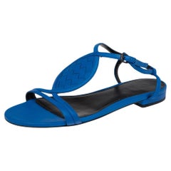 Bottega Veneta Blue Leather Ankle Strap Flat Sandals Size 38