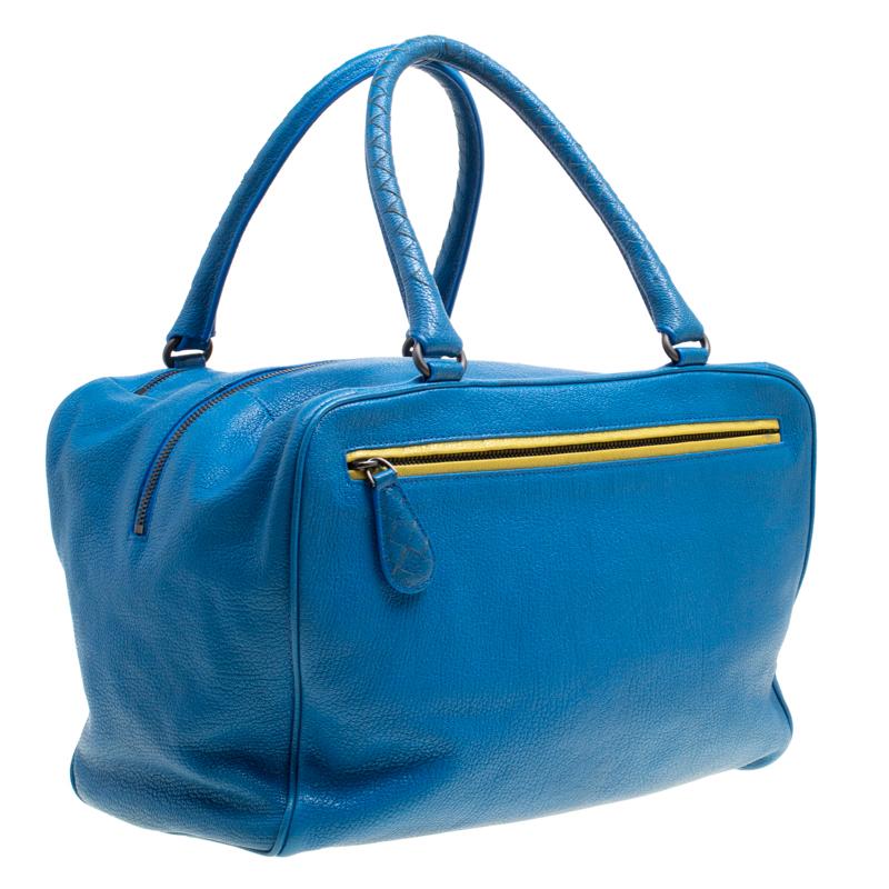 Women's Bottega Veneta Blue Leather Madras Heritage Brera Bowler Bag