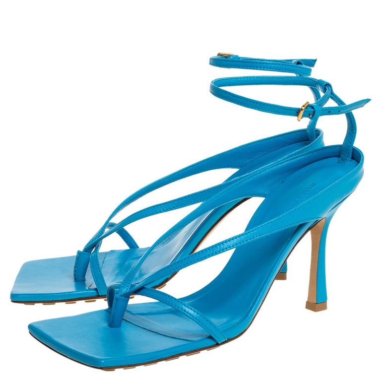 Bottega Veneta Blue Leather Square Toe Ankle Strap Sandals Size 37 at ...