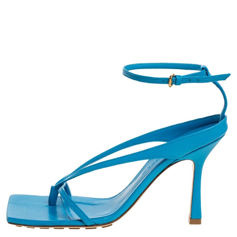 Bottega Veneta Blue Leather Square Toe Ankle Strap Sandals Size 37 at ...