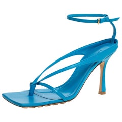 Bottega Veneta Blue Leather Square Toe Ankle Strap Sandals Size 37