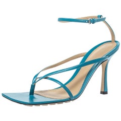 Bottega Veneta Blue Leather Square Toe Ankle Strap Sandals Size 39