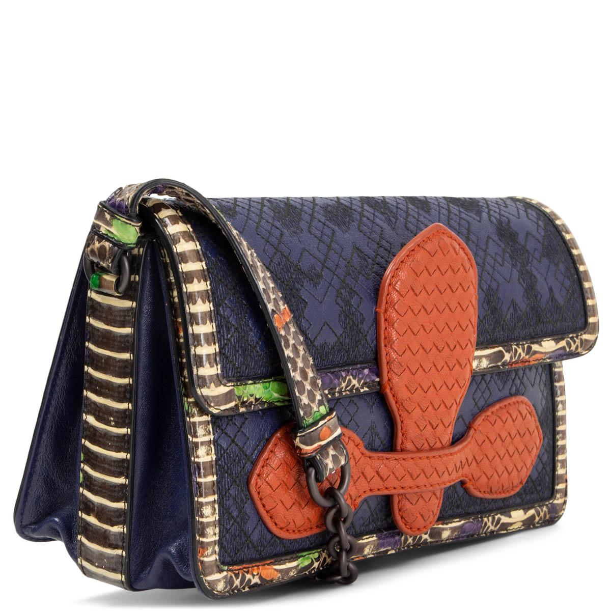 100% authentic Bottega Veneta shoulder bag in navy blue and burnt sienna calfskin with handpainted cream, grey, purple, green and brown snakeskin trimming. Madras Heritage Microintrecciato and embroidered Capra Liquid leather. Opens with a magnetic