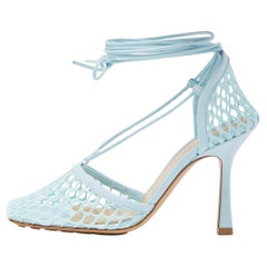 Bottega Veneta Blue Mesh and Leather Ankle Wrap Pumps