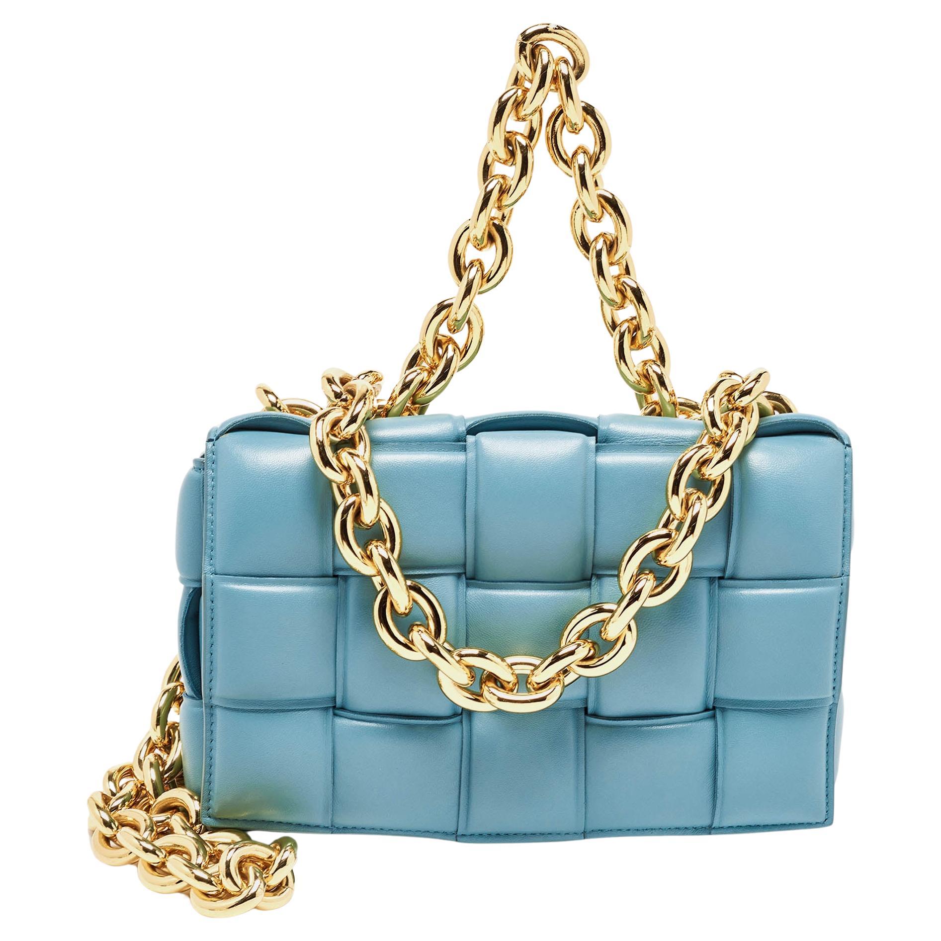 Bottega Veneta Blue Padded Leather Chain Cassette Shoulder Bag For Sale