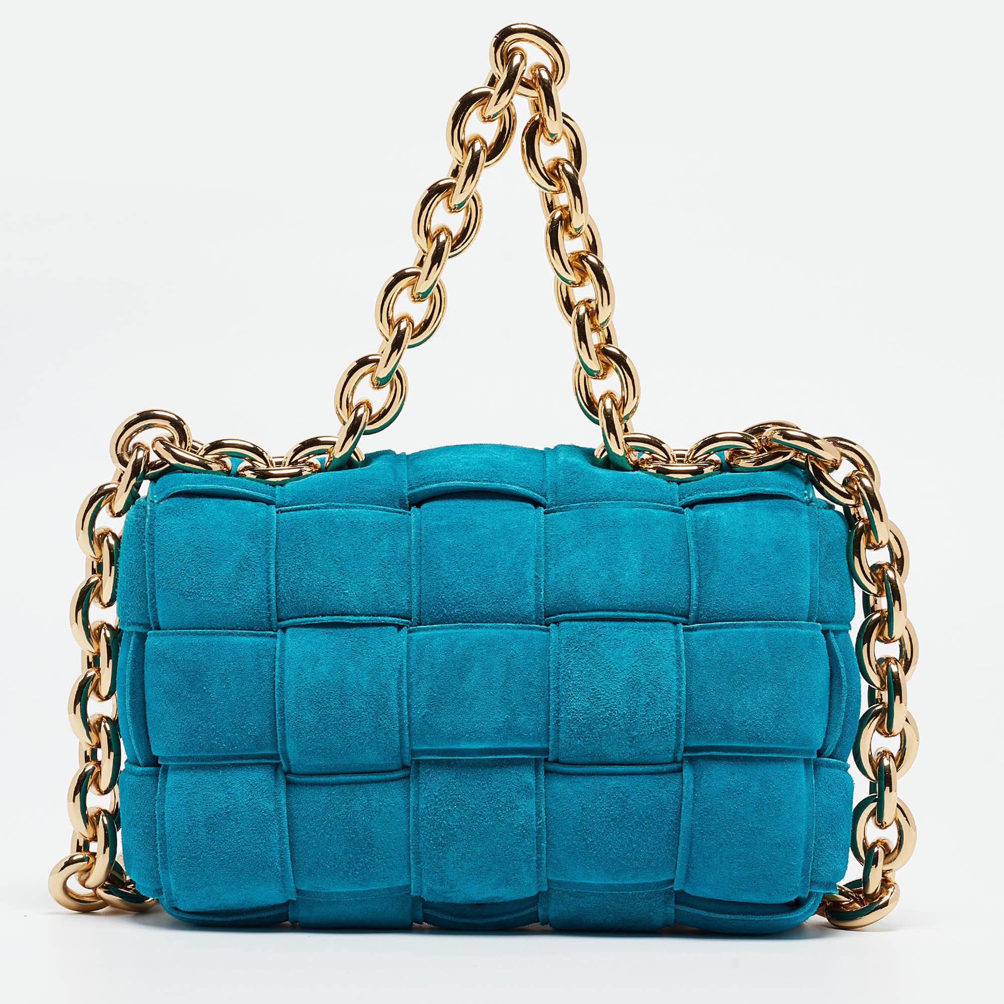 Women's Bottega Veneta Blue Padded Suede Chain Cassette Shoulder Bag