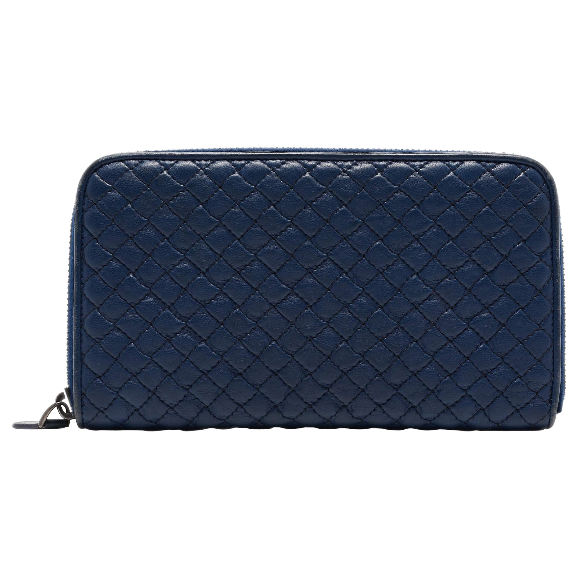 Bottega Veneta Blue Quilted Leather Zip Around Wallet
