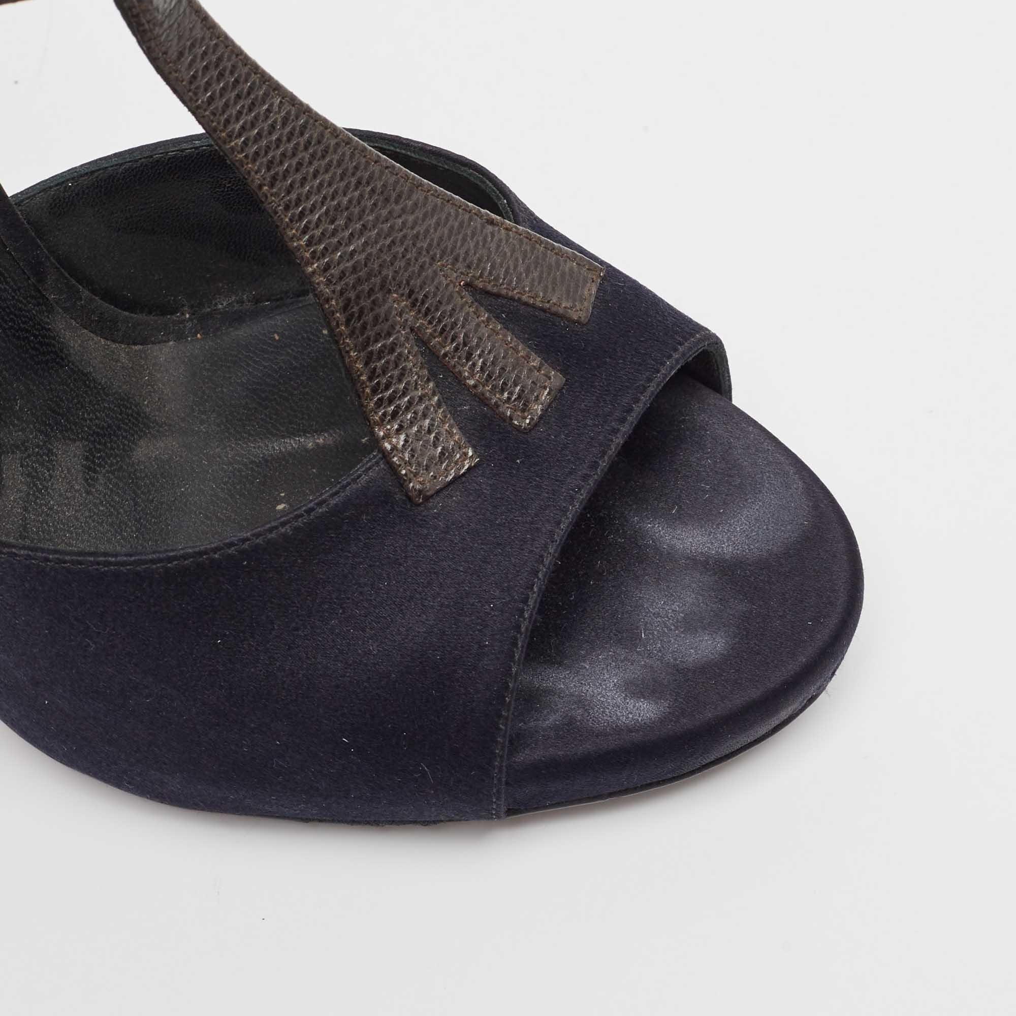 Bottega Veneta Blue Satin Textured Leather Ankle Strap Wedge Sandals Size 38 For Sale 2