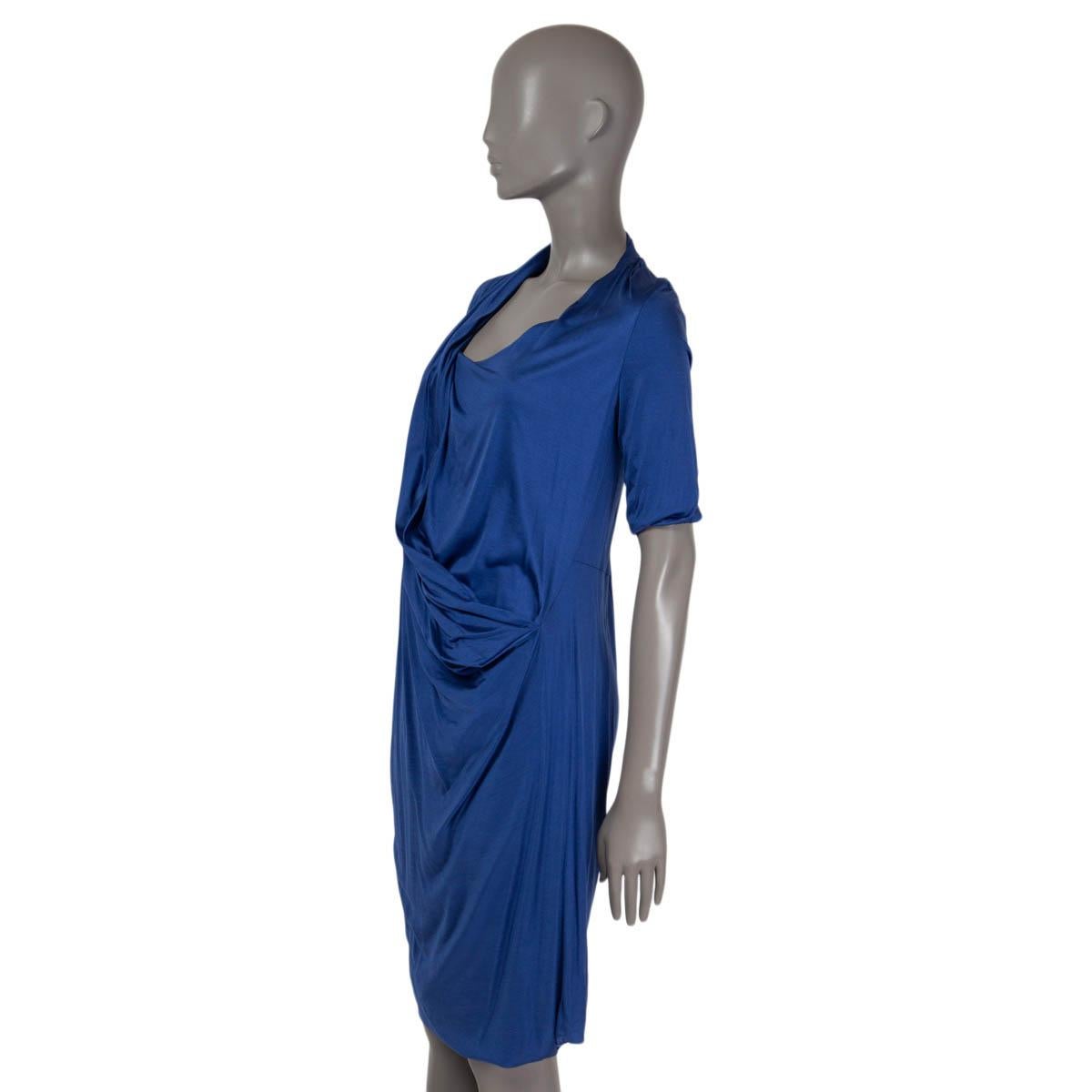 BOTTEGA VENETA blue silk DRAPED SHORT SLEEVE COCKTAIL Dress 38 XS In New Condition For Sale In Zürich, CH