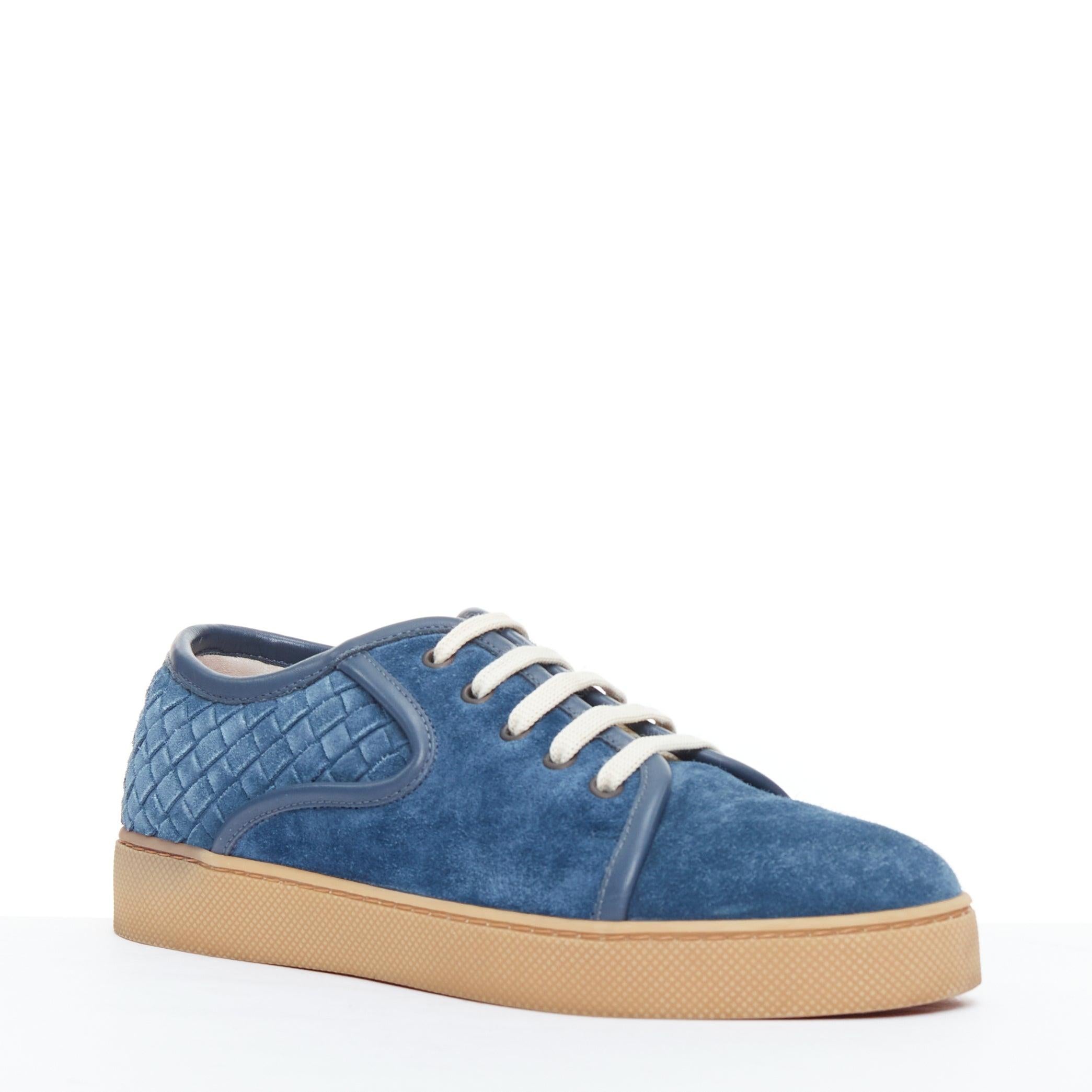 BOTTEGA VENETA blue suede intrecciato woven lace up sneakers EU39.5
Reference: CNLE/A00356
Brand: Bottega Veneta
Designer: Tomas Maier
Material: Suede
Color: Blue, Cream
Pattern: Solid
Closure: Lace Up
Lining: Cream Leather
Extra Details: Leather