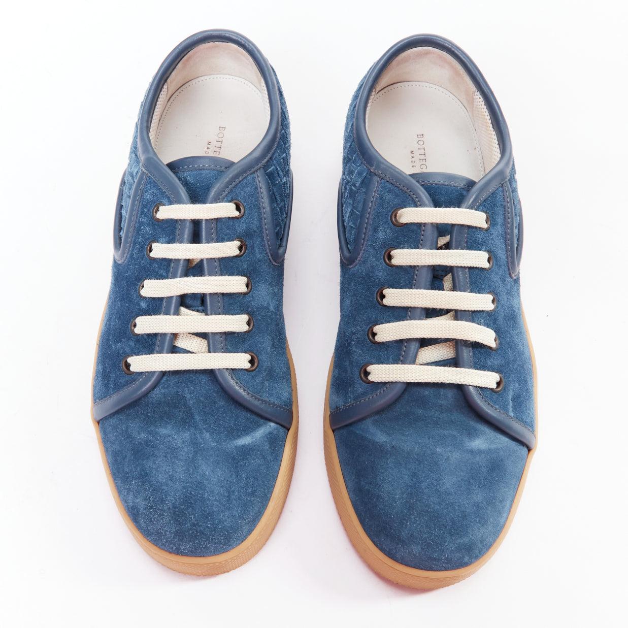 Blue BOTTEGA VENETA blue suede intrecciato woven lace up sneakers EU39.5 For Sale