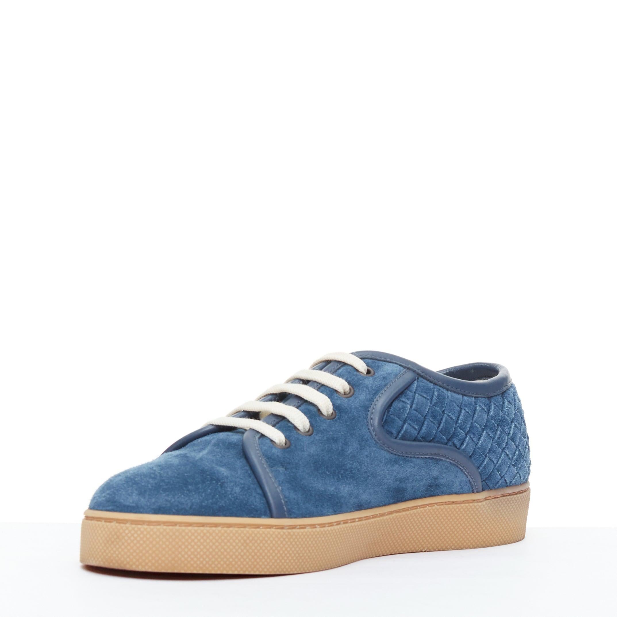 BOTTEGA VENETA blue suede intrecciato woven lace up sneakers EU39.5 In Fair Condition For Sale In Hong Kong, NT