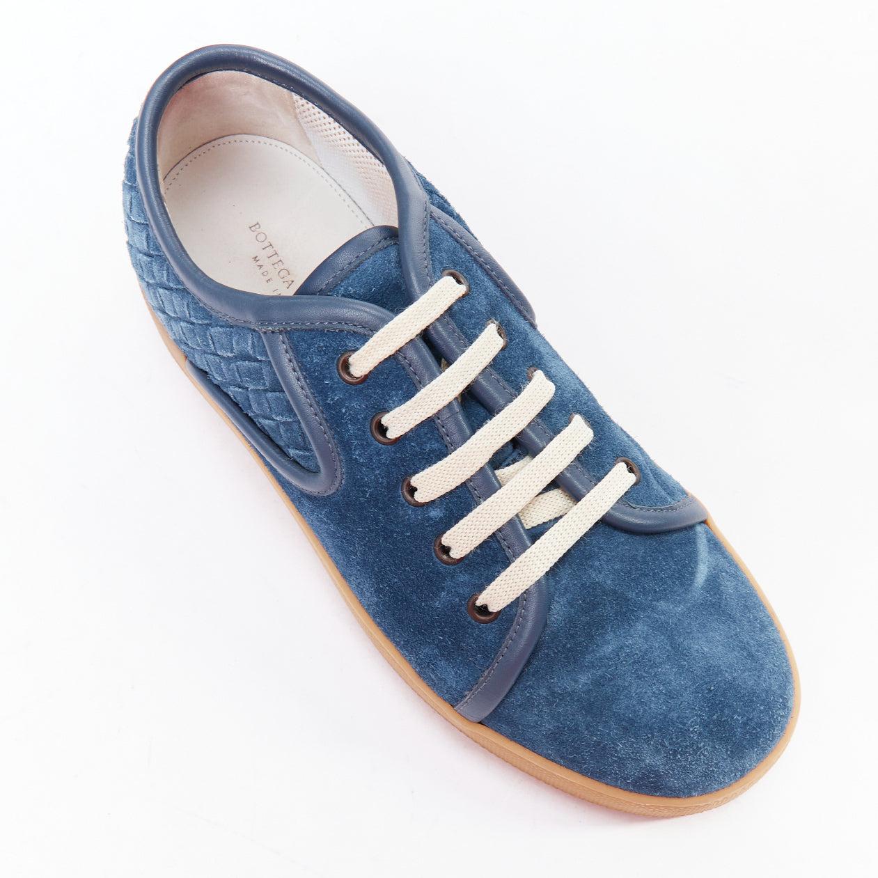 BOTTEGA VENETA blue suede intrecciato woven lace up sneakers EU39.5 For Sale 2