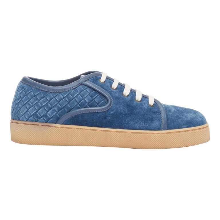 BOTTEGA VENETA blue suede intrecciato woven lace up sneakers 
