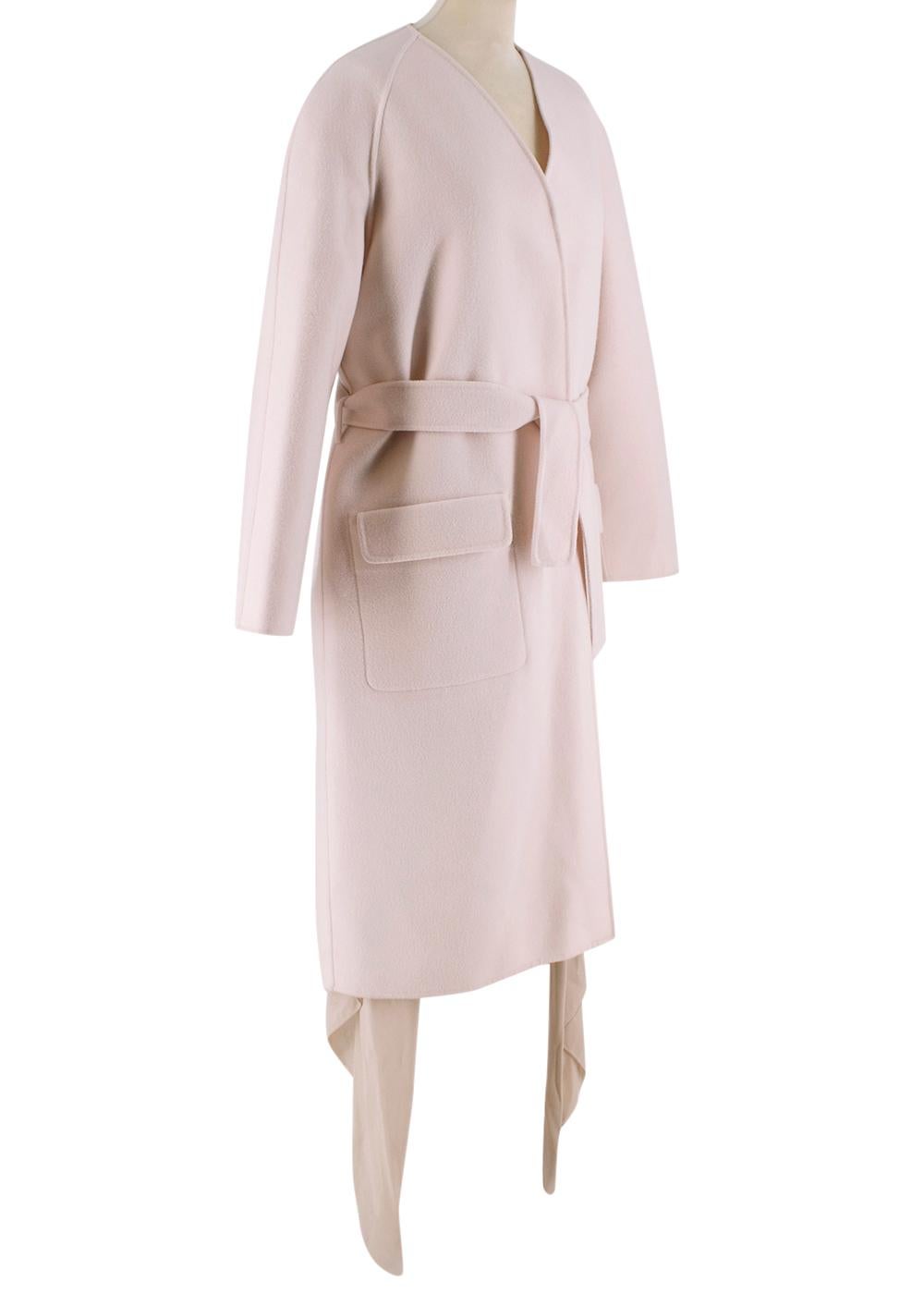 Bottega Veneta Blush Pink Cashmere Tie Waist Coat 

- Luxurious soft pure felted cashmere 
- Longline coat 
- Detachable chiffon scarf
- Tie waist belt for a more cinched-in look 

Materials: 
Coat - 100% Cashmere 
Scarf - 100% Viscose 

Dry Clean