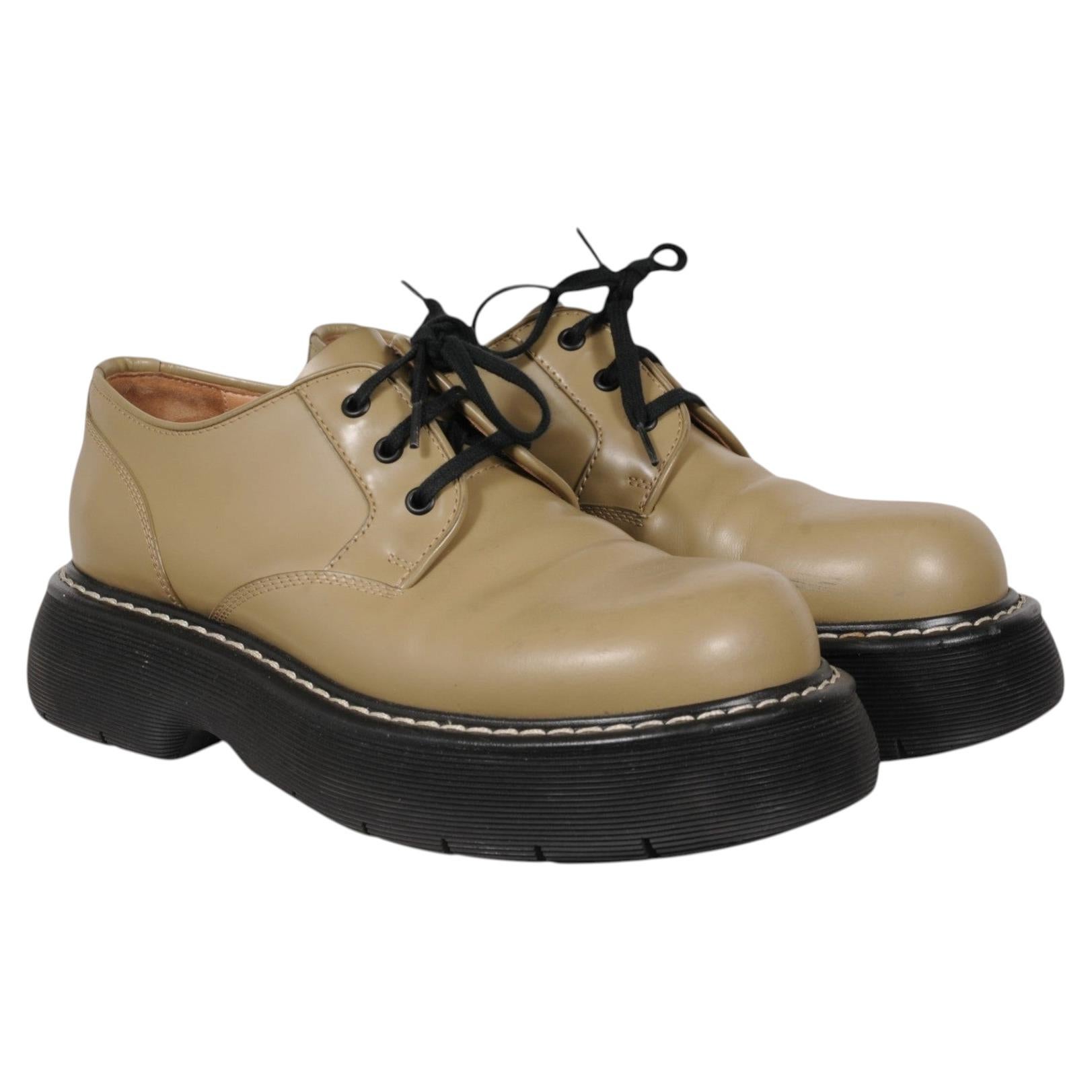 Pre-owned Bottega Veneta Bounce Derby Lace Up Us9 Eu42 Beige Olive Leather Platform Chunky In Brown