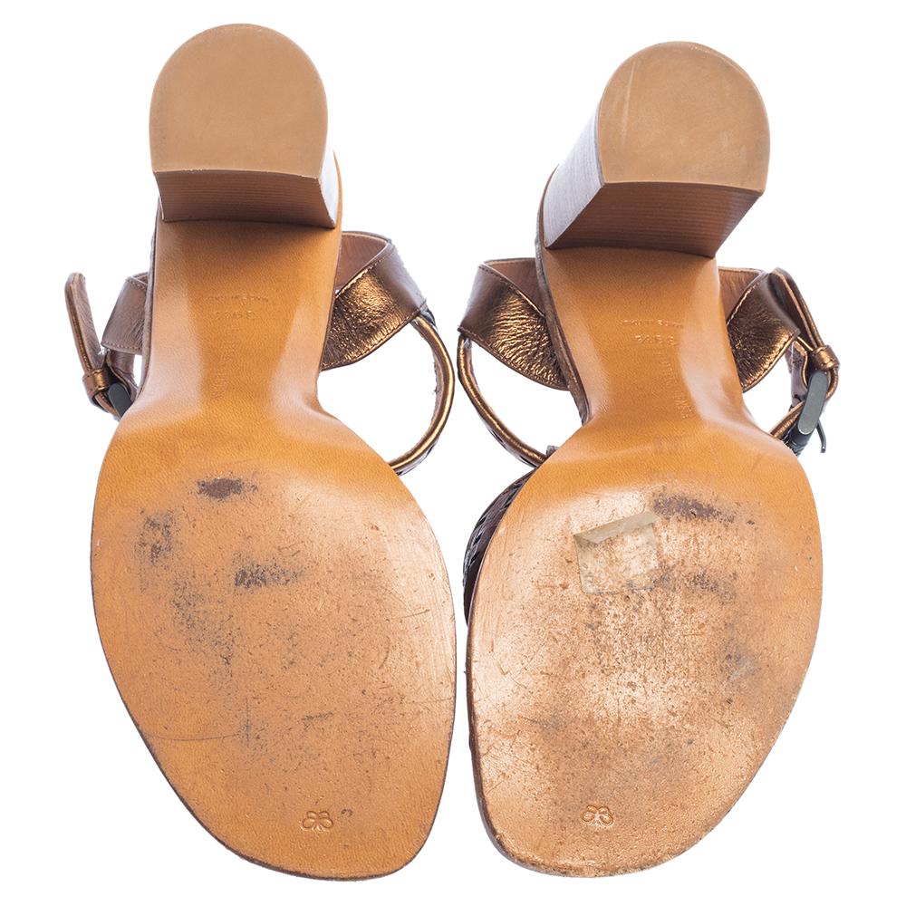 Brown Bottega Veneta Bronze Intrecciato Leather Block Heel Sandals Size 39.5