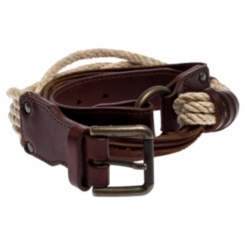 Bottega Veneta Brown/Beige Leder und Seilknoten Schnalle Gürtel 85CM (Schwarz) im Angebot