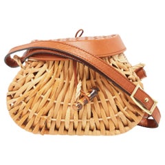 Bottega Veneta Brown/Beige Raffia and Leather Wicker Flap Crossbody Bag