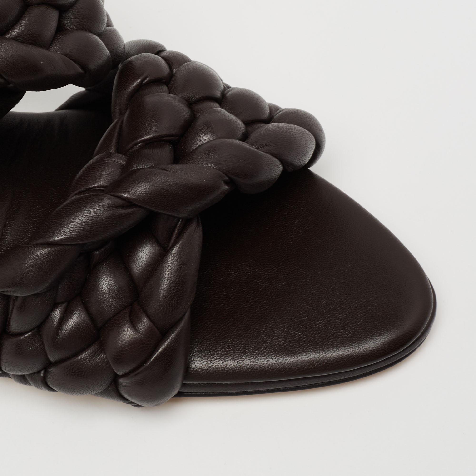 Black Bottega Veneta Brown Braided Leather Curve Open Toe Sandals Size 38