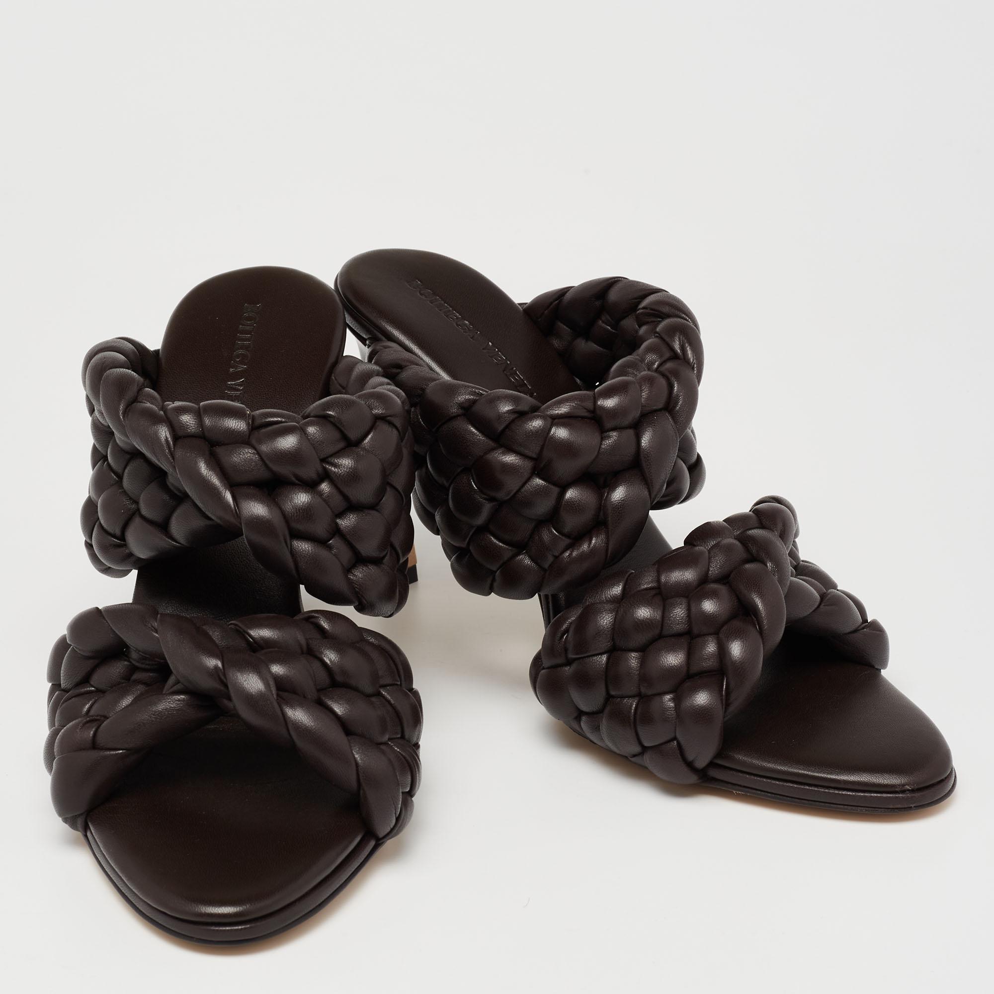 Women's Bottega Veneta Brown Braided Leather Curve Open Toe Sandals Size 38