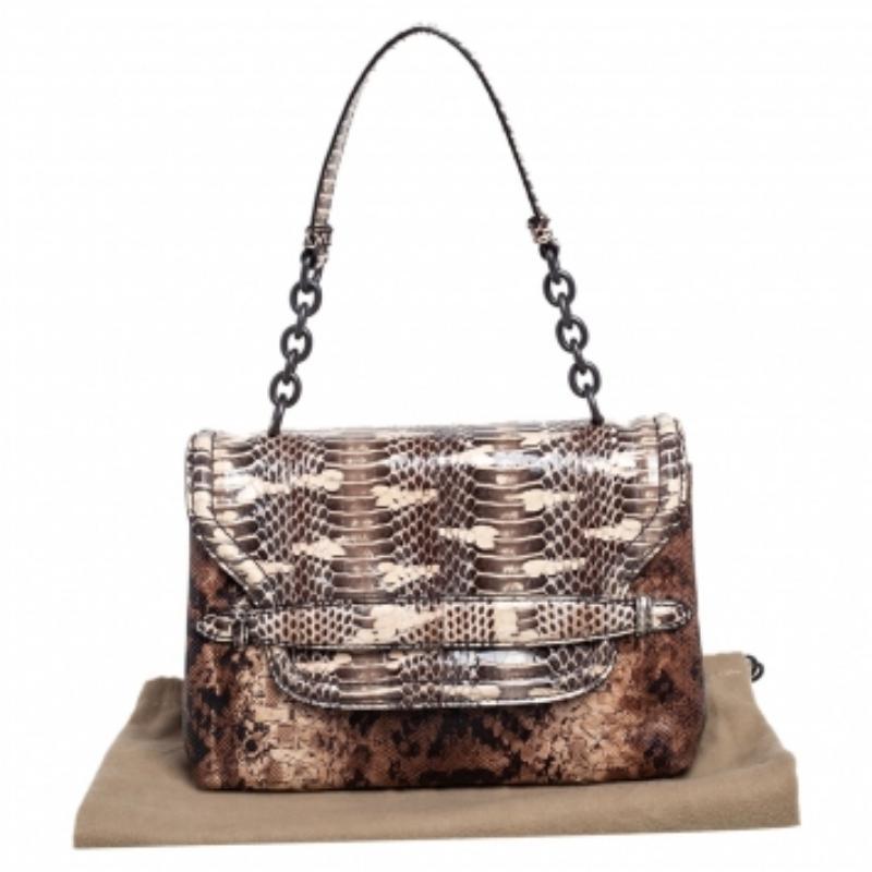 Gris Bottega Veneta Brown Intrecciato Karung and Watersnake Detail Flap Shoulder Bag