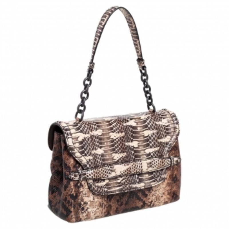  Bottega Veneta Brown Intrecciato Karung and Watersnake Detail Flap Shoulder Bag Pour femmes 